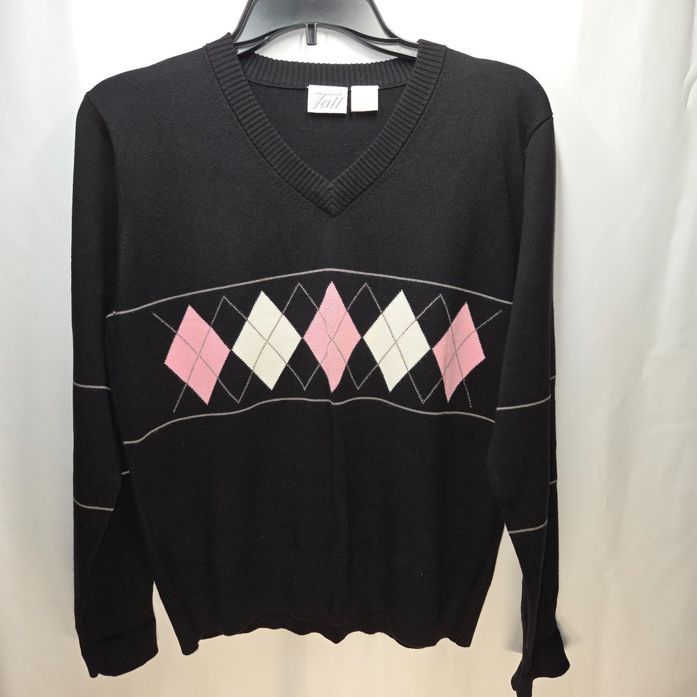 Tail VTG 90s Black Sweater L Pink White Diamonds V Neck Golf